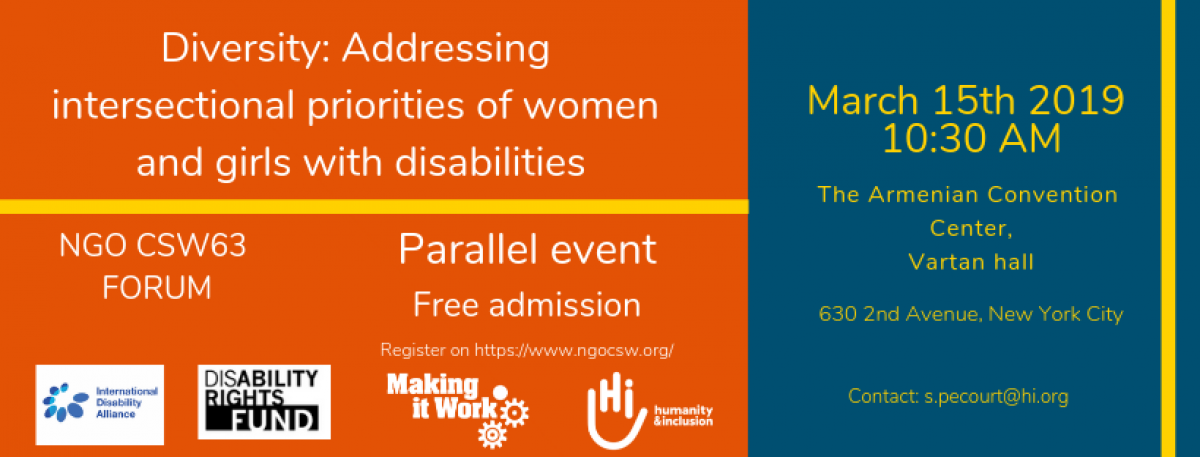 banner of the MIW parallel event "diversity: addressing intersectional priorities of women and girls with disabilities", March 15th, 10:30am